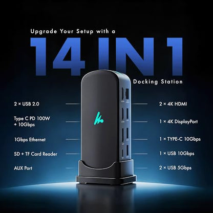 Type C 14 in 1 Wozoyo Docking Station, PD 100W, 2X4K@60Hz HDMI, 4K DisplayPort, 2XType-C 10Gbps, USB 10Gbps, Gigabit Ethernet, AUX Port, Compatible Thunderbolt 4, macOS, Windows, Android & iOS