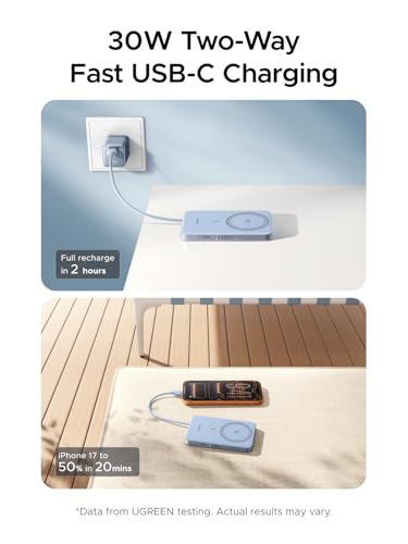 UGREEN Magflow Air 10000mAh Qi2 15W Wireless Power Bank Built-in Cable - color: Blue