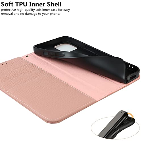 iCoverCase Compatible with iPhone 13 Wallet Case with Credit Card Holder and Wrist Strap, RFID Blocking Genuine Leather Flip Magnetic Phone Cover 6.1 Inch (Pink) - color: 1-Pink (No Headphone Storage Belt), size: iPhone 13