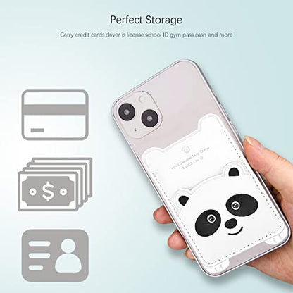 Cell Phone Wallet,White Leather Cute Panda, Secure Card Holder for iPhone, Android & Smartphones,Premium Leather,Adhesive Sleeve Pocket,Minimalist Design