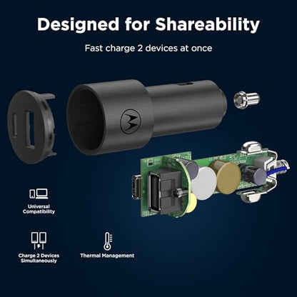 Motorola TurboPower Share Car Charger- 45W Dual Port USB-A, USB-C Output