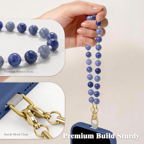 SURPHY Natural Stone Phone Charm, Beaded Phone Wrist Strap with Tether Tab - color: Aventurine Blue