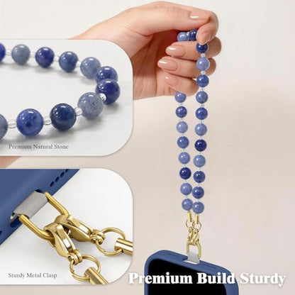 SURPHY Natural Stone Phone Charm, Beaded Phone Wrist Strap with Tether Tab - color: Aventurine Blue