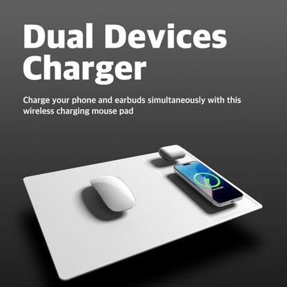 POUT H3 PRO Dual Qi Wireless Charging Mouse Pad – Dual Fast Wireless Chargers for Smartphones and Earbuds – Smooth Surface with Anti-Slip Base for Home and Office Use (Polar White)