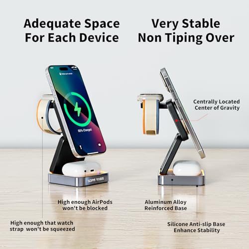 【2026 Upgraded】 Magnetic Wireless Charger 3 in 1, Foldable Charging Station with Night Light for Apple MagSafe Charger, Travel Charger Stand, Nightstand Fast 15W Charging Station (with Adapter)