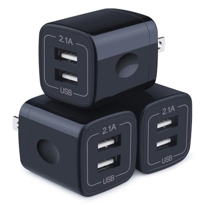 Wall Charger,Charger Cube,Charging Block Fast Charge 3Pack Dual Port 2.1A - color: Full Black