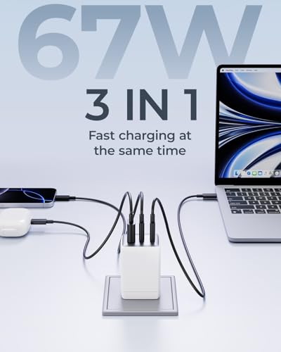 wegear 67W USB C Charger, 3-Port GaN Fast Charging Block with Foldable Plug - color: White