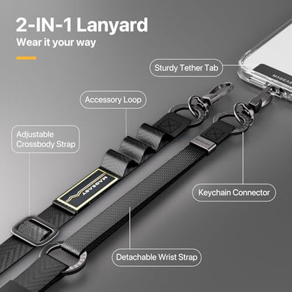 MAGEASY 2-in-1 iPhone Lanyard Crossbody + Wristlet + Tether Tab & Keychain Clip, Adjustable Phone Strap, Hands-Free Anti-Theft Travel Rave Accessories for Cell Phone (Black) - color: Black