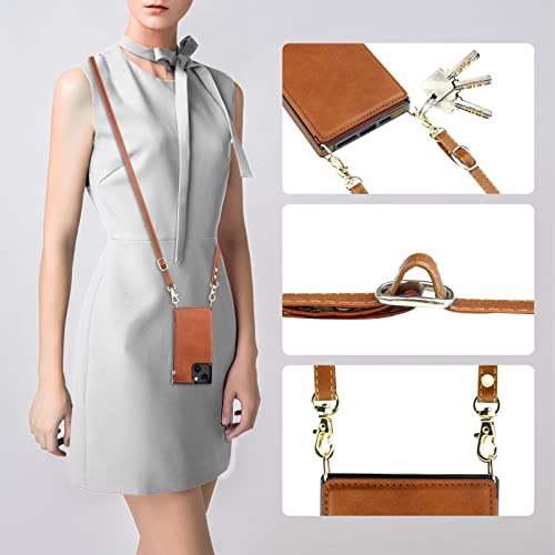 Bocasal Crossbody Wallet Case with Strap for iPhone 13/14, Brown | RFID Blocking Card Slot Holder, Magnetic Flip Folio Purse Case, PU Leather Zipper Handbag Detachable Lanyard Strap 6.1 Inch - color: Brown