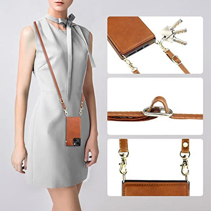 Bocasal Crossbody Wallet Case with Strap for iPhone 13/14, Brown | RFID Blocking Card Slot Holder, Magnetic Flip Folio Purse Case, PU Leather Zipper Handbag Detachable Lanyard Strap 6.1 Inch - color: Brown