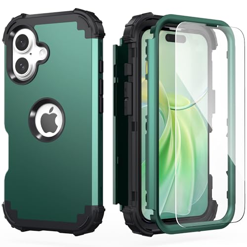 IDweel for iPhone 17 Case with Screen Protector for Women, 3 in 1 Shockproof Slim Fit Hybrid Heavy Duty Hard PC Cover Soft Silicone Bumper Full Body Anti-Fingerprint Case, Graphite Green/Black - color: Graphite Green/Black