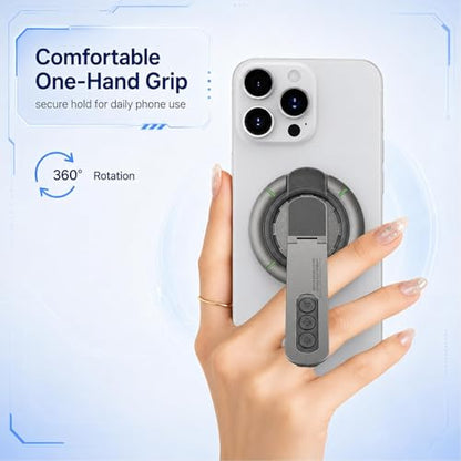 3-in-1 Magnetic Phone Grip Stand,Gym Phone Holder Magnet,360 Roration Angle Adjustment, Silicone Finger Ring,Innovative Pressure-Relief Damping Hinge Design for All Phones(Grey)