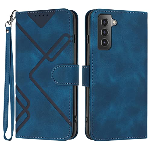 for Samsung S21 Case Wallet Card Holder Strap (Blue) | PU Leather Pattern, Card Slots, Cash Pocket, Kickstand, Magnetic Closure, Flip Cover, TPU Inner, Shockproof Protective - color: Blue