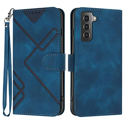 for Samsung S21 Case Wallet Card Holder Strap (Blue) | PU Leather Pattern, Card Slots, Cash Pocket, Kickstand, Magnetic Closure, Flip Cover, TPU Inner, Shockproof Protective - color: Blue