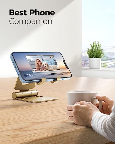 Nulaxy Full Aluminum Dual Folding Cell Phone Stand for Desk, Gold - color: J-Gold