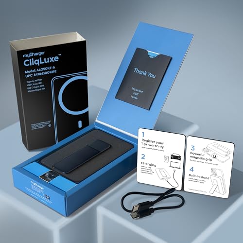 myCharge CliqLuxe Magnetic Wireless Power Bank 5,000mAh | iPhone & MagSafe Compatible | Qi2.2 25W Mag Safe Portable Charger | Built-in Stand | 20W PD USB-C Port | Premium Black Fabric - size: 5K, style: Without Wall Plug (Black)