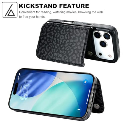 HAOPINSH Wallet Case with Card Holder for iPhone 17 Pro, Black Leopard Cheetah Pattern Back Flip Folio PU Leather Kickstand Card Slots Case for Women, Double Magnetic Clasp Shockproof 6.3" - color: Black Leopard
