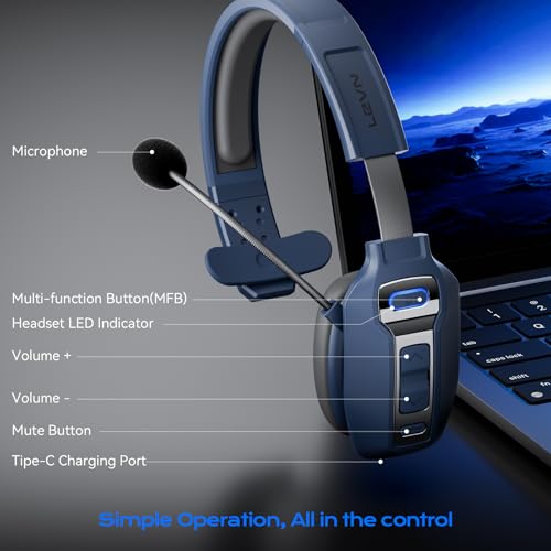 LEVN Bluetooth Headset with Microphone, Trucker Bluetooth Headset with AI Noise Cancelling & Mute Button, Wireless On-Ear Headphones 60 Hrs Working Time, for Trucker Home Office Remote Work Zoom - color: Blue