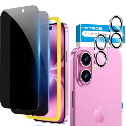 Fotbor for 2Pack iPhone 16 Privacy Screen Protector with 2Pack Camera Lens Protector, Anti Spy 9H+ Tempered Glass with Easy Installation Kit, No Bubble - size: iPhone 16-6.1 inch