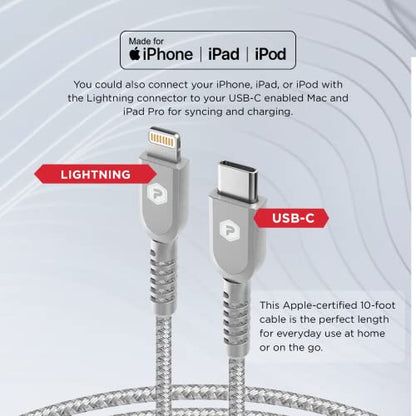 USB-C to Lightning Cable, 10ft Braided Nylon Metallic iPhone Charger Cord, (MFi Certified) Sync Cable Compatible with iPhone Lightning Port Devices | Silver - size: 10 FT