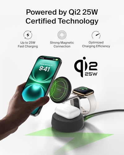 Belkin Qi2.2 25W Wireless Fast Charging Station, 3 in 1 iPhone Charger - color: Black, style: 3 in 1