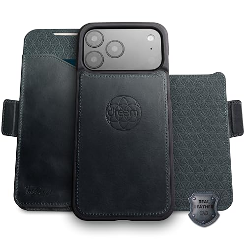 Dreem Real Leather Magnetic Detachable Wallet Case for iPhone 17 Pro | Revolutionary Vert/Hor Phone Stand, RFID Blocking Card Holder Flip Cover, MagSafe-Fit, Gift Box [Fibonacci: Graphite Blue]