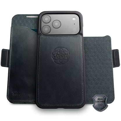 Dreem Real Leather Magnetic Detachable Wallet Case for iPhone 17 Pro | Revolutionary Vert/Hor Phone Stand, RFID Blocking Card Holder Flip Cover, MagSafe-Fit, Gift Box [Fibonacci: Graphite Blue]