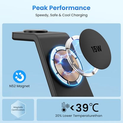 15W Charging Station for iPhone 17: JoyGeek 3-in-1 Fast Wireless & Magnetic Charger for Magsafe, iPhone 17-12, Apple Watch Ultra 2-11 & AirPods 2-4, Includes 30W PD Adapter - color: Matte Black