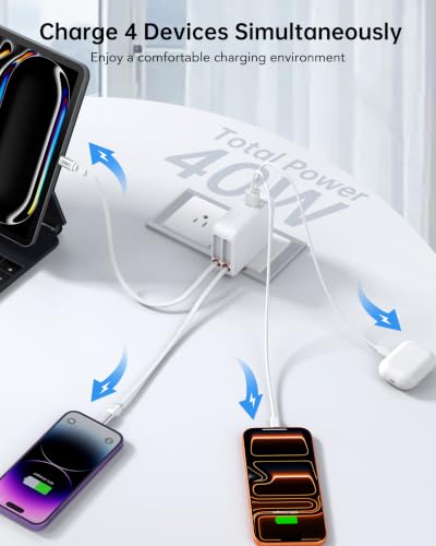 40W Retractable Wall Charger, 4-in-1Fast Phone Charger Wall Plug for Travel