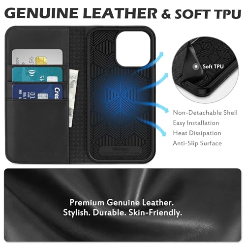 SHIELDON Genuine Leather Wallet Case for iPhone 13 Pro 6.1" 2021, Black | Magnetic Closure, RFID Blocking, Credit Card Holder, Kickstand, Folio Book Design, Shockproof Phone Cover - color: Black