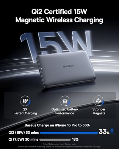 Baseus Picogo Magsafe Portable Charger, Qi2 15W 0.5" Ultra Slim 10000mAh Wireless Power Bank, 27W Fast Charging Magnetic Battery Pack with USB-C for iPhone 17 Pro Max/17 Pro/Air/16/15/14/13/12 - color: Space Grey