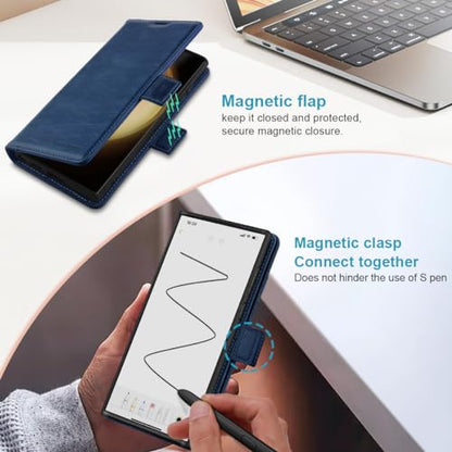 KEZiHOME Genuine Leather Wallet Case for Samsung Galaxy S24 Ultra Blue | Blue, RFID Blocking Card Slot, Kickstand, Magnetic Protective Phone Folio Cover, Compatible with Galaxy S24 Ultra - color: Blue