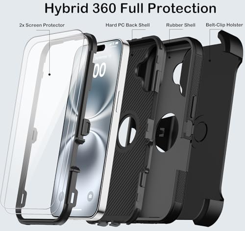 KECAI for iPhone 16 Case with Belt Clip Holster,2X Screen Protectors,Heavy Duty Shockproof Drop Protection Military Grade 3 Layers Full Covered Rugged Durable Phone Cover with Kickstand 6.1“ (Black) - color: Black w Clip