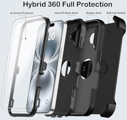 KECAI for iPhone 16 Case with Belt Clip Holster,2X Screen Protectors,Heavy Duty Shockproof Drop Protection Military Grade 3 Layers Full Covered Rugged Durable Phone Cover with Kickstand 6.1“ (Black) - color: Black w Clip