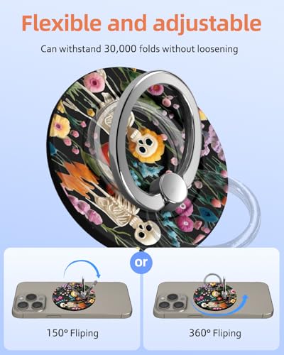 Toycamp Magnetic Phone Grip - Compatible with MagSafe Phone Grip Ring Stand for iPhone 17/16/15/14/13/12 Series Skeleton Spooky Flowers Cute Phone Ring Holder Grip for Women Girls - color: Skeleton Flowers