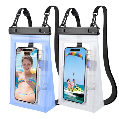 2 Pack Large Waterproof Phone Pouch, Waterproof Phone Case for iPhone 16 15 14 13 Pro Max Galaxy S25 S24 All Devices, IPX8 Double Sealing, Floating Water Proof Bag for Beach Swimming Pool - color: Blue+White