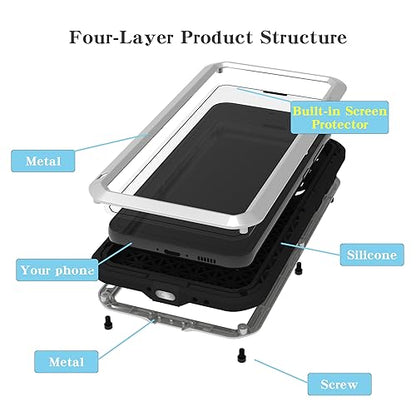 LOVE MEI Military Rugged Case for Samsung Galaxy S23 Fe, with Tempered Glass Screen Protector, Shockproof Dustproof Scratch Proof Hybrid Metal and Silicone Gel Heavy Duty Full Body Cover Silver - color: Silver