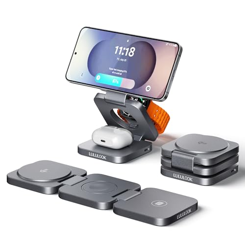 LULULOOK Qi2 Foldable 3 in 1 Wireless Charging Station for Samsung Phone and Watch and Buds, Travel Magnetic Charger Stand for Samsung Galaxy S26/S25/S24/S23/Z Flip/Fold-for Galaxy Watch 8(Gray)