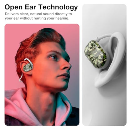 Purity Air Open Ear Headphones - True Air Conduction Wireless Bluetooth Open Ear Earbuds with Dual Mic for iPhone/Android - Secured Long Wearing Comfort, Sports Sweat Resistant (PLCE163) - color: Pixel Camouflage