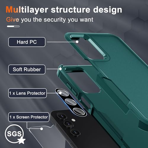 Case for Samsung Galaxy A15 5G, Full Body Heavy Duty Rugged Shockproof Protective Phone Cover with Lanyard Strap, Tempered Glass Screen Protector and Camera Lens Cover, Dark Green | Rugged Shockproof Protective Phone Case with Lanyard Strap,Tempered Glass