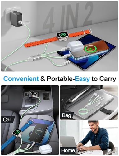 4-in-2 Multi Charging Cable for Apple Watch Charger/iPhone/Galaxy Charger - color: 2-Green+Green, size: 1.2M