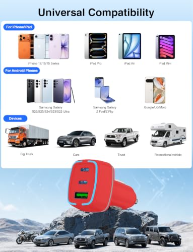 75W USB C Car Charger, 3-Port Super Fast Charging Cigarette Lighte - color: Red
