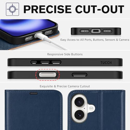 TUCCH Wallet Case for iPhone 16 (6.1") 2024, 4 Card Holders, Blue & Brown | RFID Blocking, Viewing Stand, Shockproof TPU Shell, PU Leather, Magnetic Closure, Protective Folio Flip Cover - color: Two-tone Blue & Brown