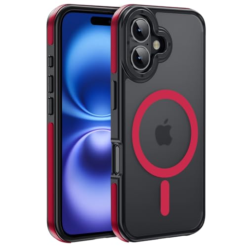 Strong Magnetic Case for iPhone 16 [5X Military-Grade Protection] Compatible with fit MagSafe Shockproof Slim Thin Cover 6.1 inch 16 Phone case, Red Bumper - color: A6-Red Bumper, size: iPhone 16(6.1")