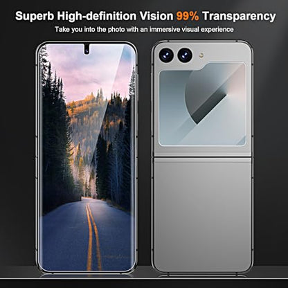 [2Set 4PCS] QUESPLE for Samsung Galaxy Z Flip 6 Screen Protector, 2 Pack Inner Flexible TPU Film+2 Pack Back Tempered Glass Screen Protector with Alignment Tool, HD Clear, Self-Healing, Scratch Resistant