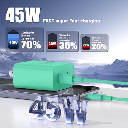 QZIIW iPhone 17 16 15 Pro Max Fast Charger,45W Dual Port USB C Fast Charger - color: Green, size: 3FT+6FT+10FT+10FT