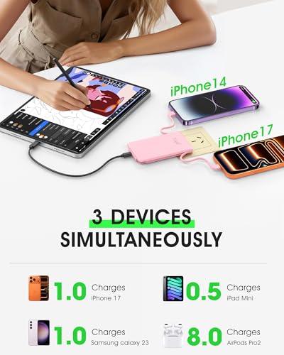 TG90° 5000mah Ultra Slim Power Bank Built-in AC Plug & 2 Cables,2 Pack Black & Pink - color: 2Pack-Black&Pink