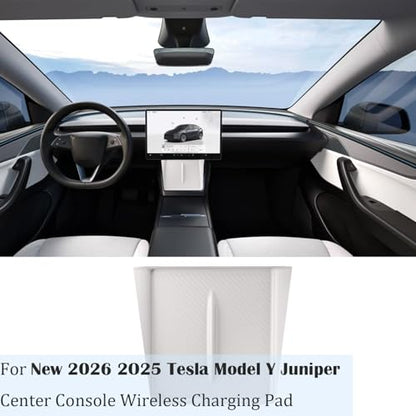 for 2026 2025 Tesla Model Y Juniper New Center Console Wireless Charging Pad Non-Slip Silicone Mat Wireless Charger Mat for Model Y Juniper Center Console (White) - color: White