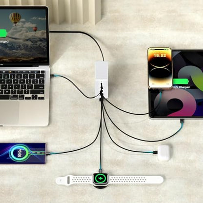 USB C Charger Station 200W PD QC3.0 GaN Fast Charging Block 7 Port (White) - color: white