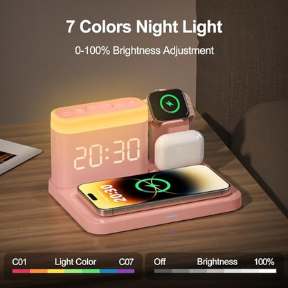 ANJANK 5 in 1 Wireless Charging Station with Alarm Clock,7 Night Light & 0-100% Dimmer,Qi Mag-Safe Charger Stand for Apple Devices - for iPhone 17 16 15 14 13 12 Pro Max Plus Air,Apple Watch,Airpods - color: Pink